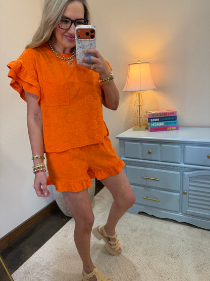 Orange Floral Textured Ruffled Knit Top & Shorts Set