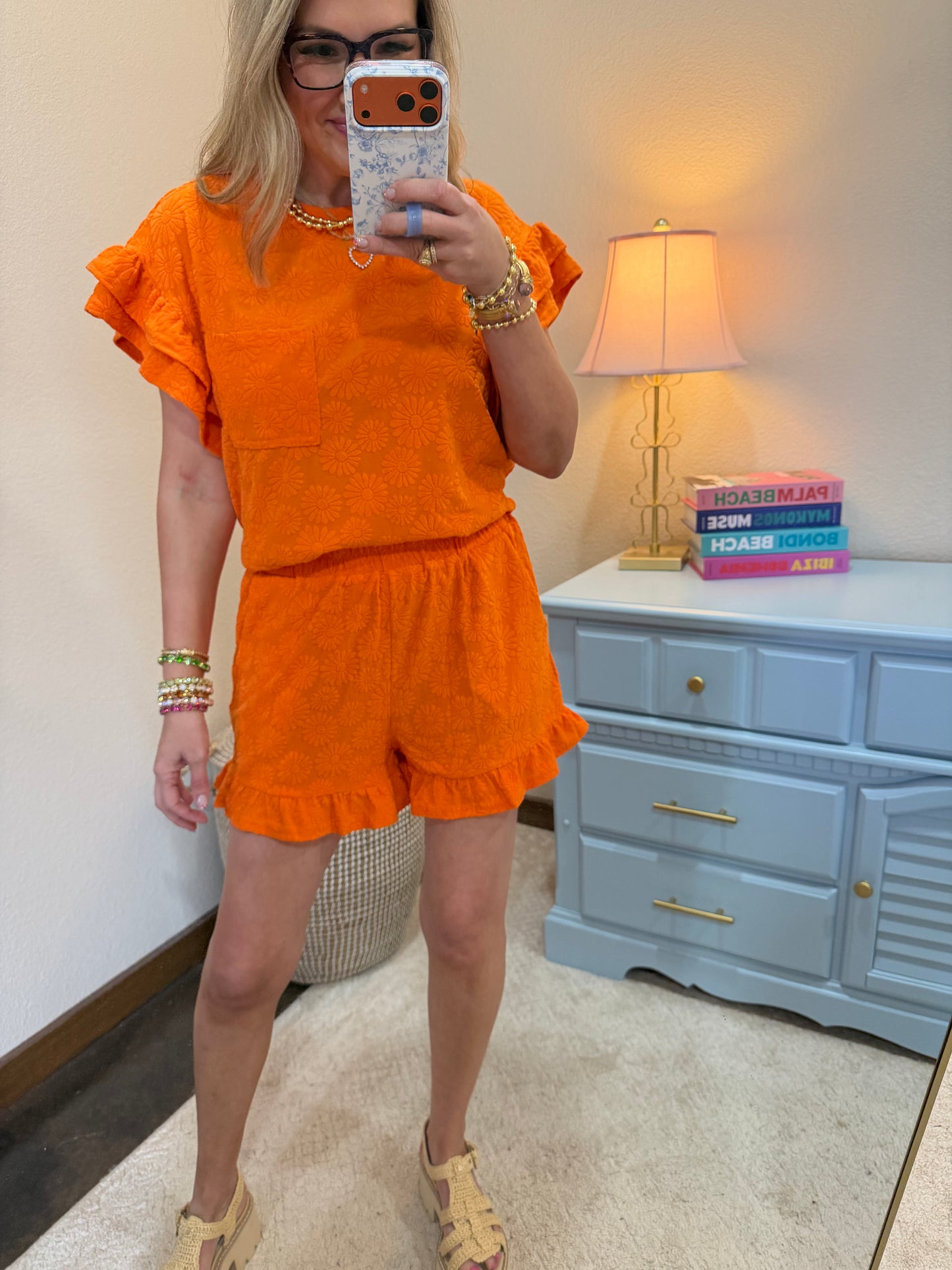 Orange Floral Textured Ruffled Knit Top & Shorts Set