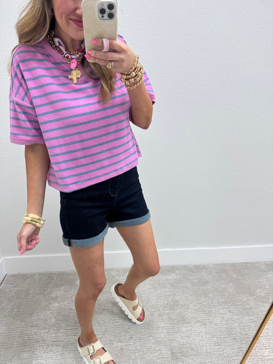 Lavender and Denim Striped French Terry Top