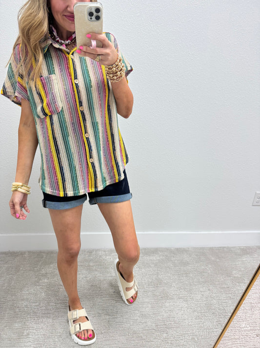Natural Mix Striped Half Sleeve Button Top