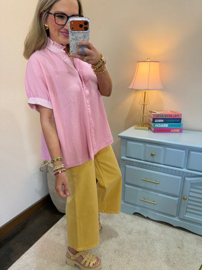 Pink Textured Jacquard Ruffle Neck Button Down Top
