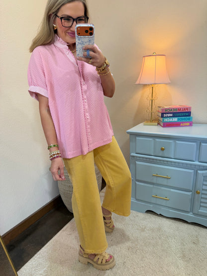 Pink Textured Jacquard Ruffle Neck Button Down Top