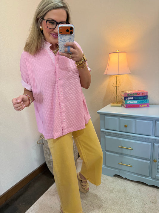 Pink Textured Jacquard Ruffle Neck Button Down Top