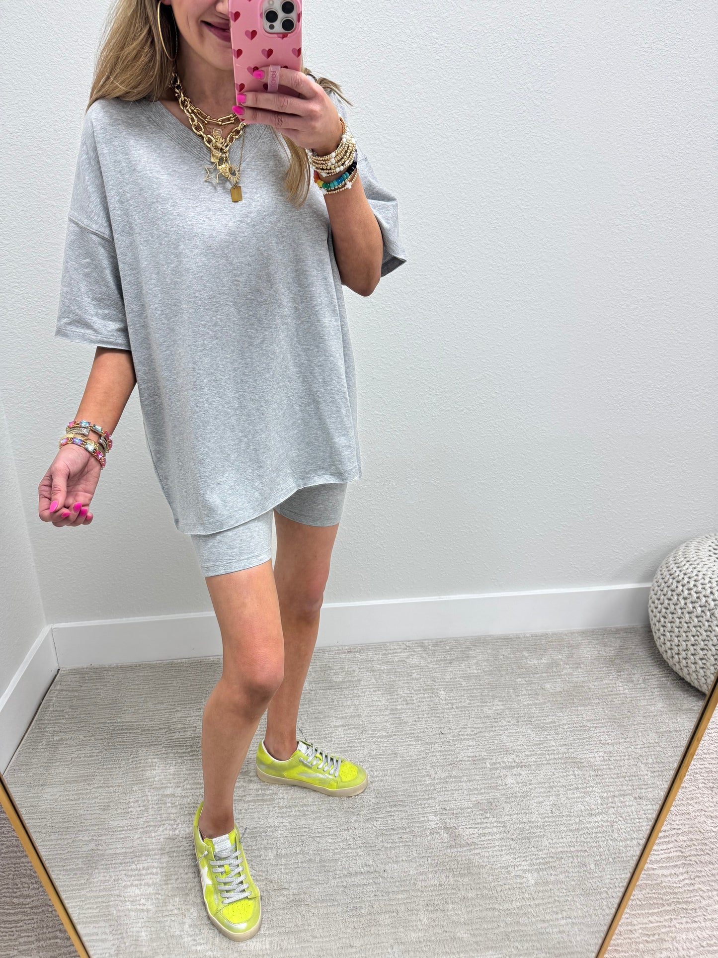 Gray Cotton Vneck Biker Short Two Piece Set