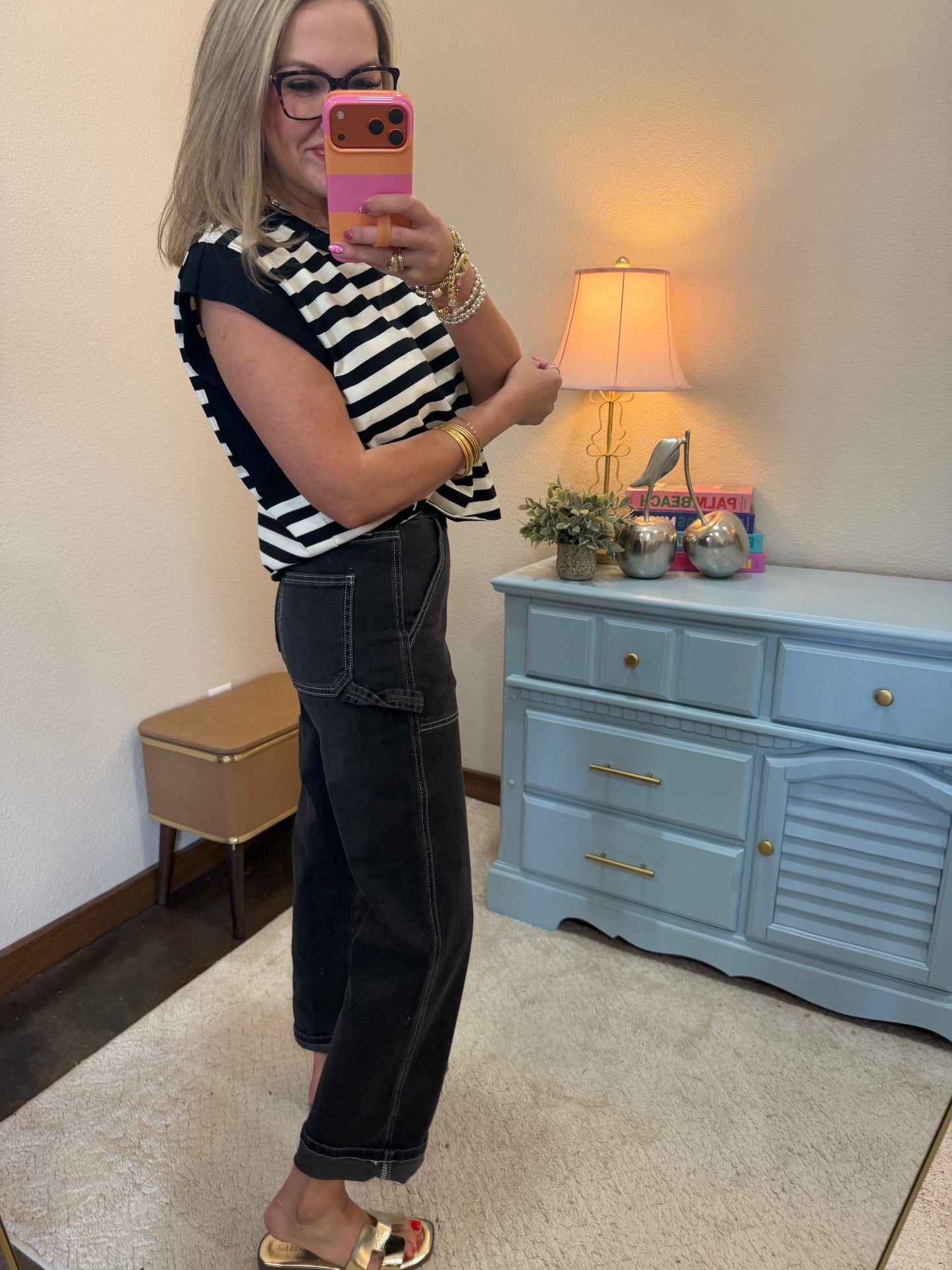 Black Ivory Stripe Cotton & Solid Rib Over-sized Sleeveless Top
