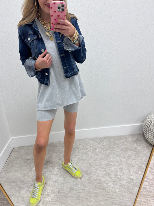 Gray Cotton Vneck Biker Short Two Piece Set