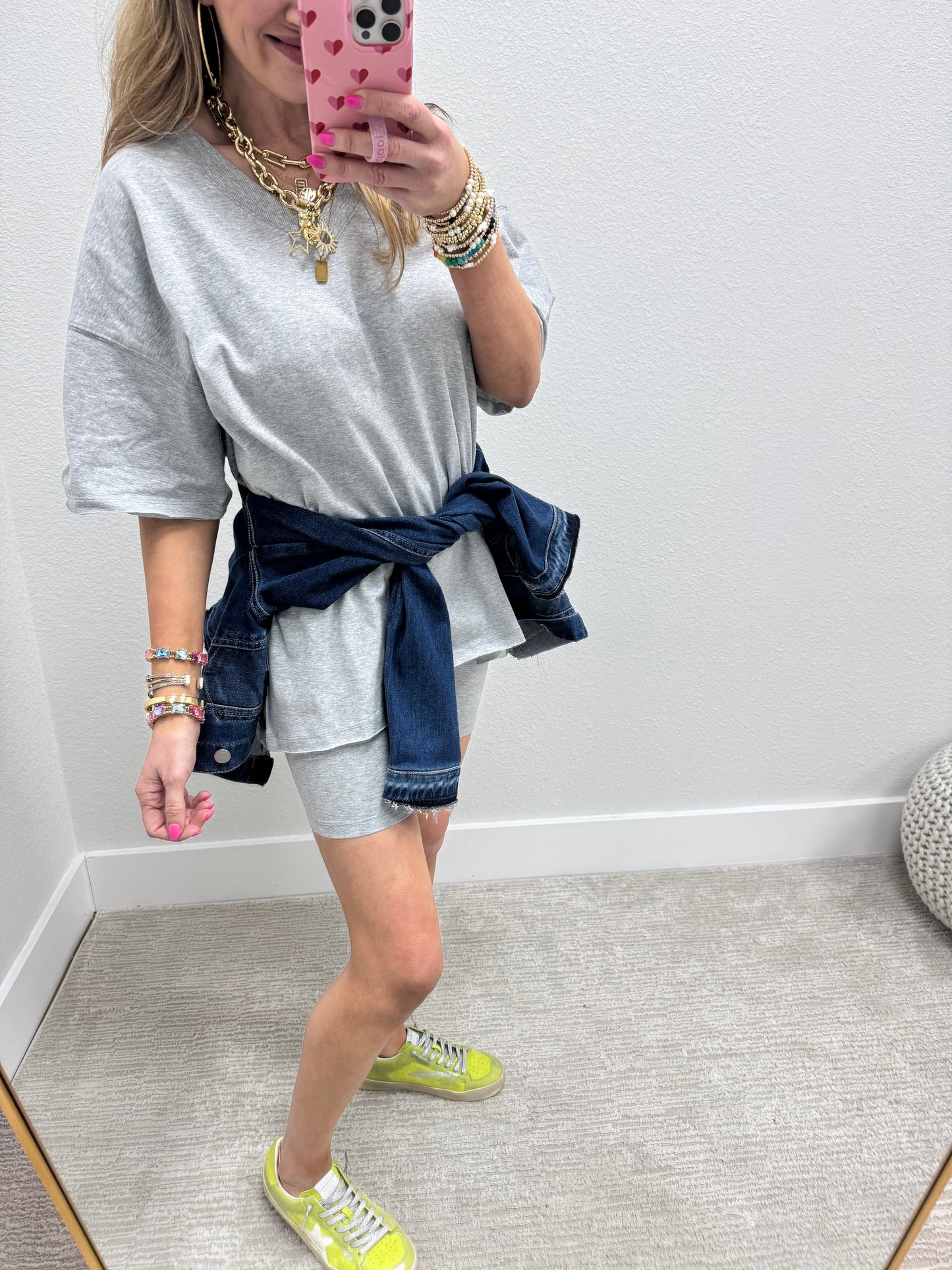 Gray Cotton Vneck Biker Short Two Piece Set