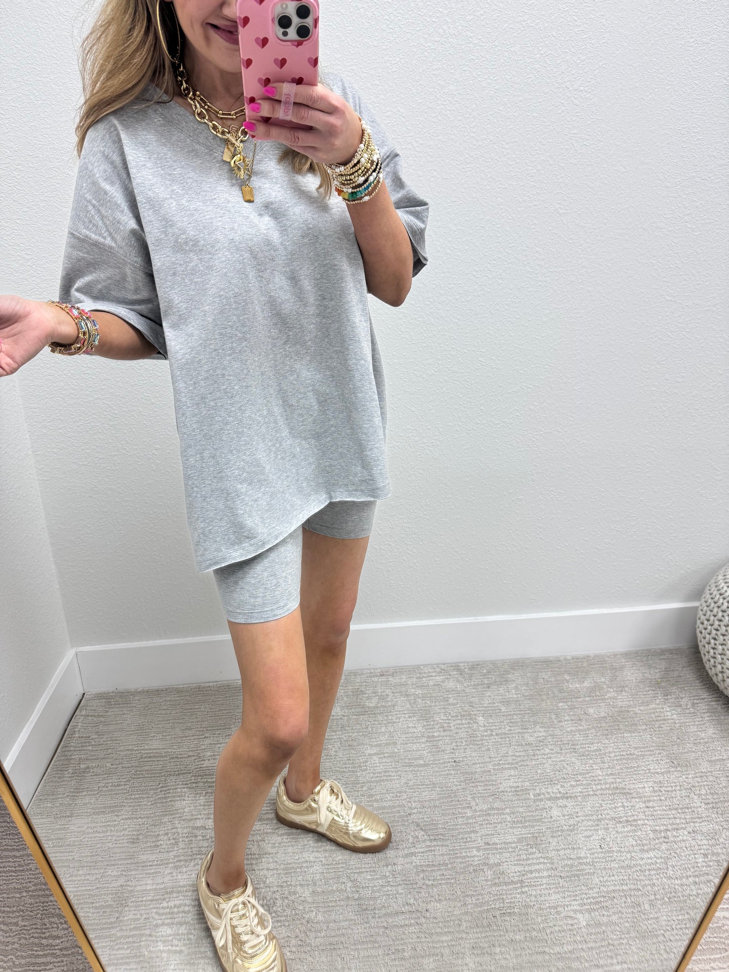 Gray Cotton Vneck Biker Short Two Piece Set