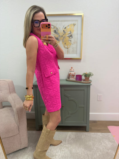Hot Pink V Neck Geometric Print Dress