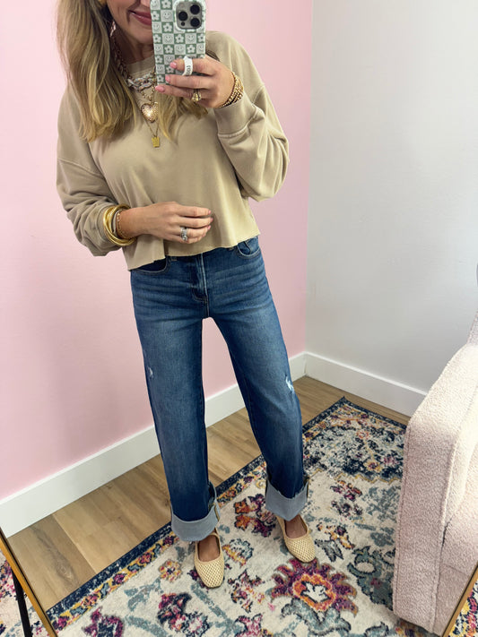 Taupe Raw Edge Crop Long Sleeve
