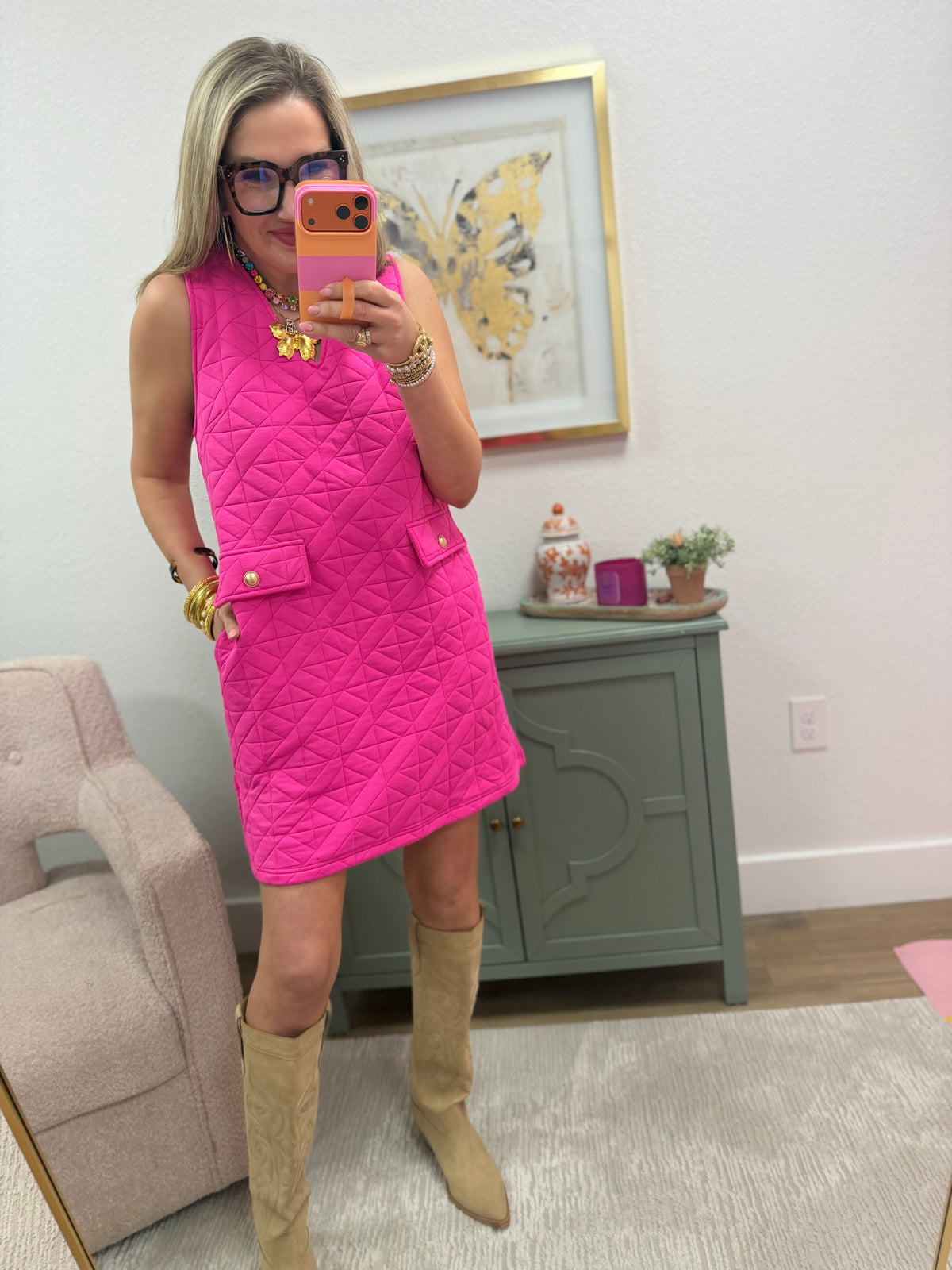 Hot Pink V Neck Geometric Print Dress