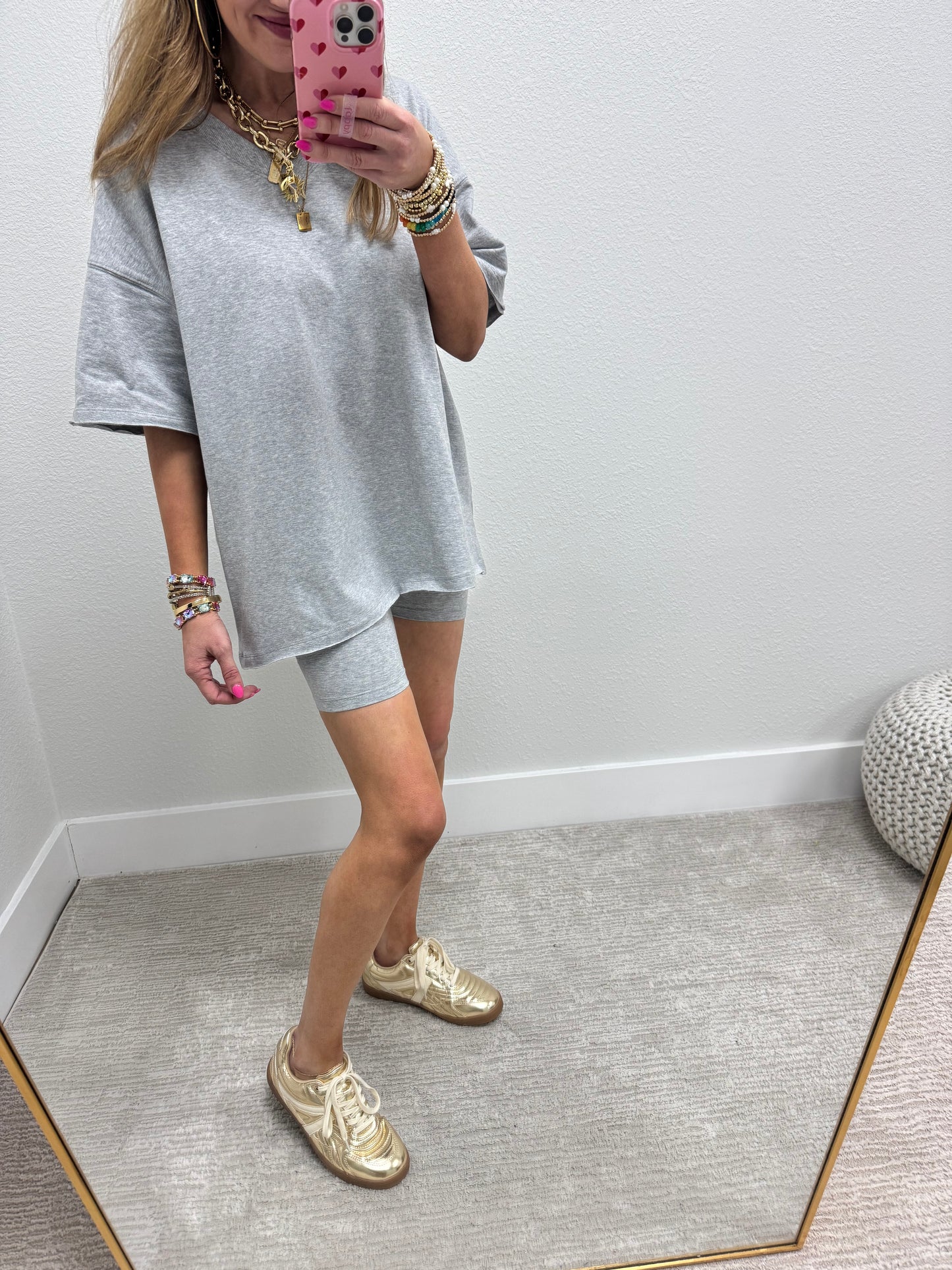 Gray Cotton Vneck Biker Short Two Piece Set