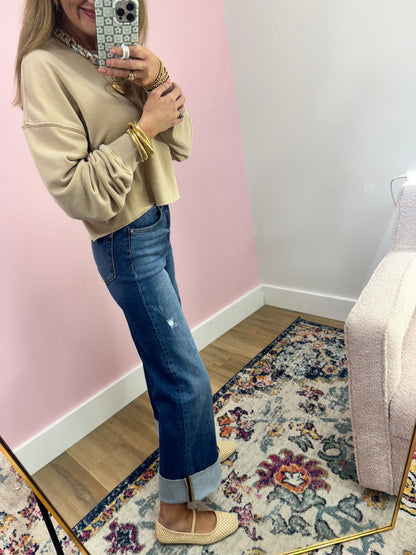 Taupe Raw Edge Crop Long Sleeve FS
