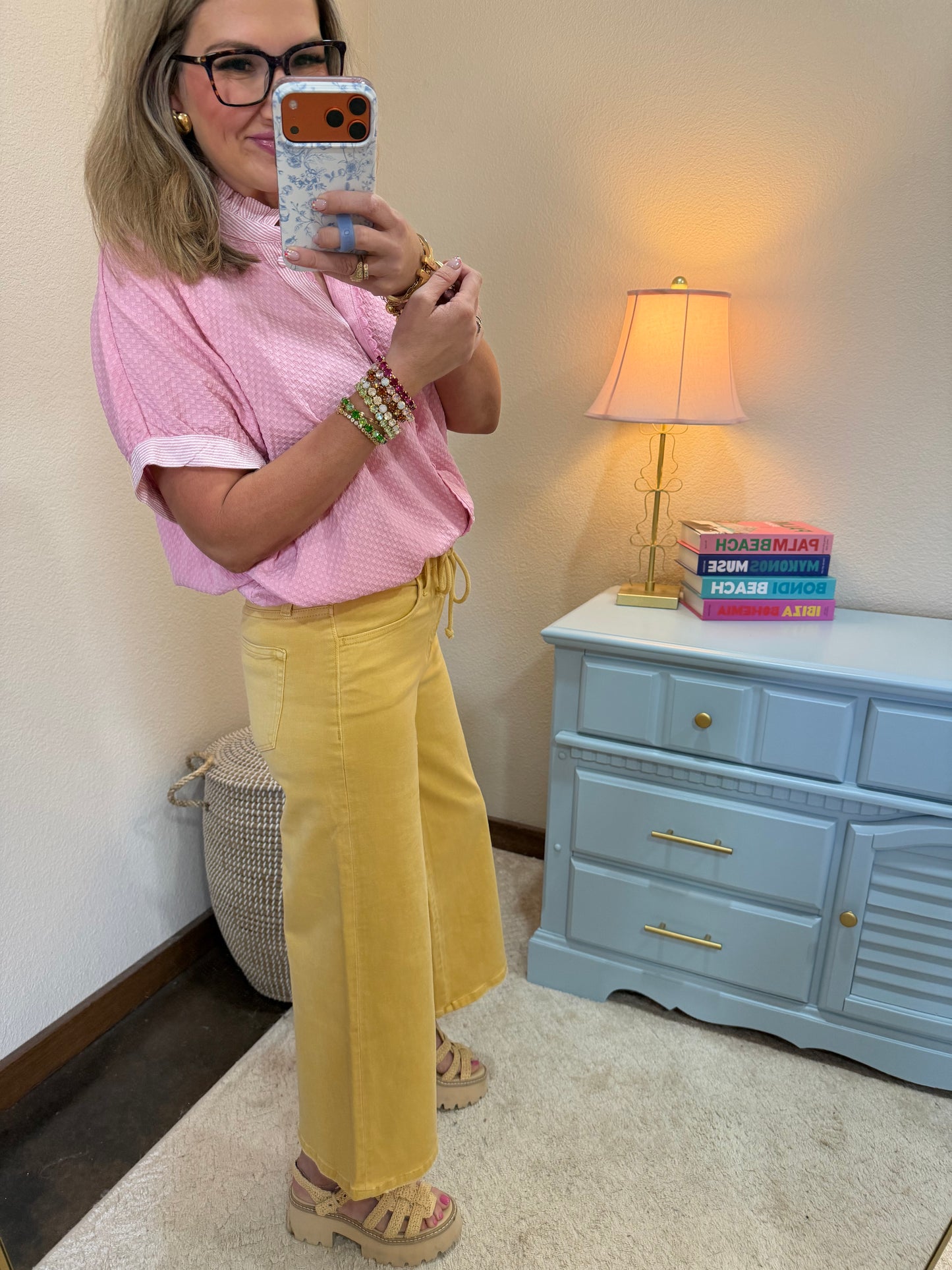 Pink Textured Jacquard Ruffle Neck Button Down Top