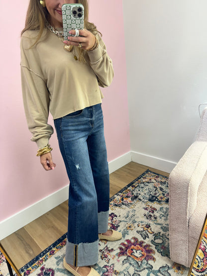 Taupe Raw Edge Crop Long Sleeve FS