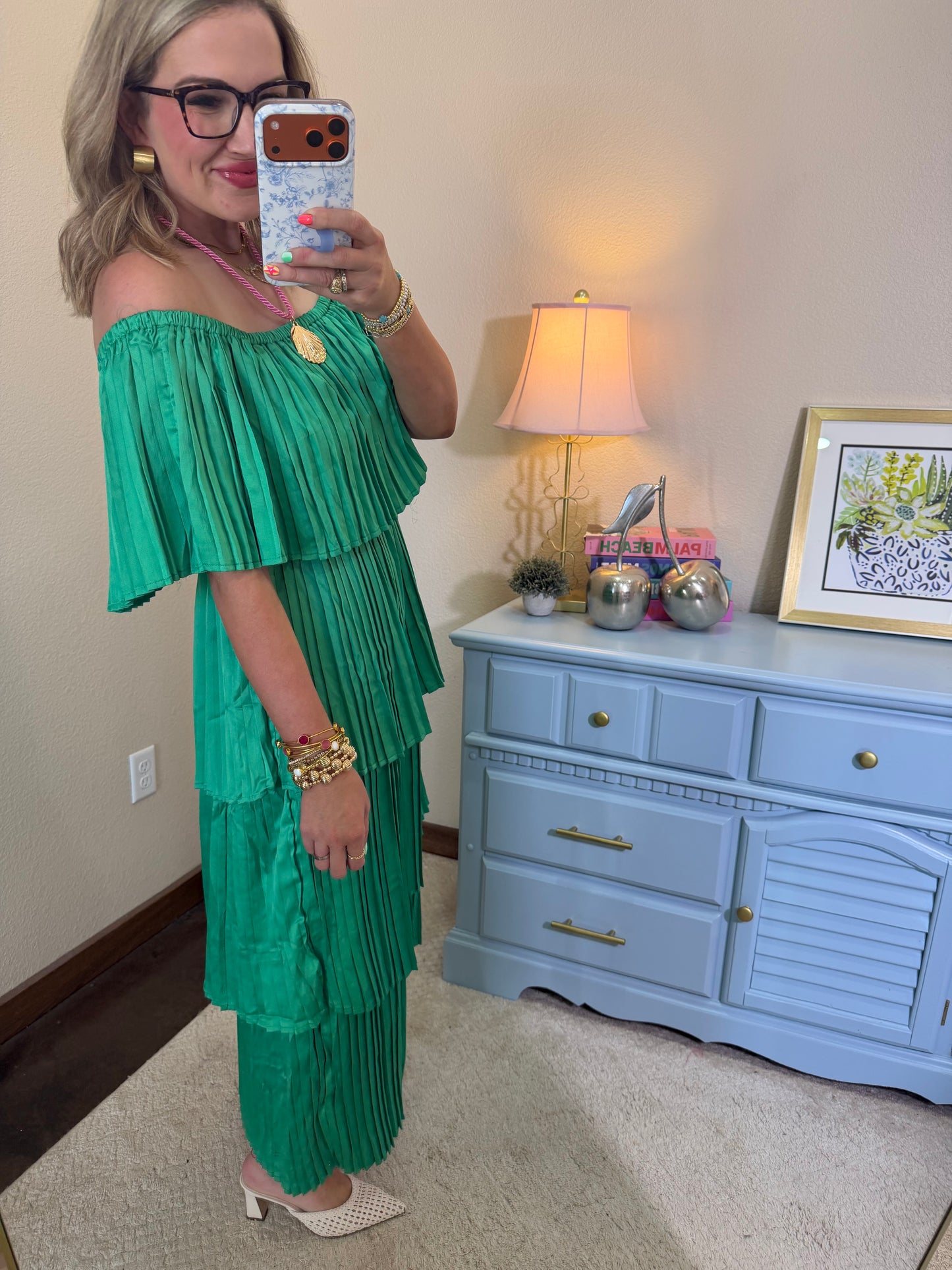 Kelly Green Pleated Layered Ruffle Dress