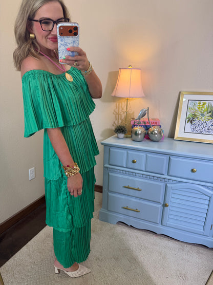 Kelly Green Pleated Layered Ruffle Dress