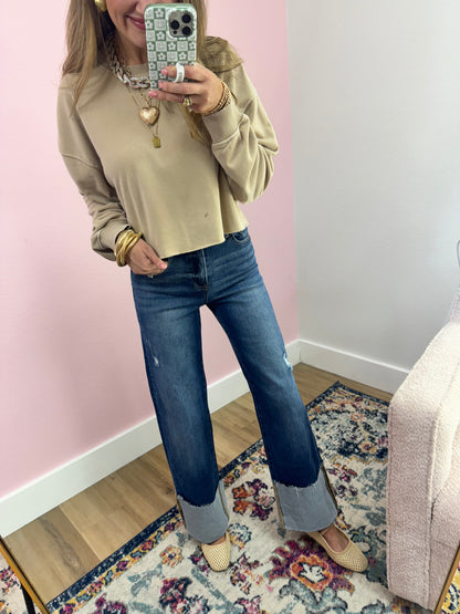 Taupe Raw Edge Crop Long Sleeve FS