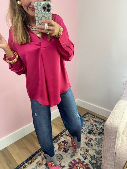 Raspberry Long Sleeve Silky Blouse