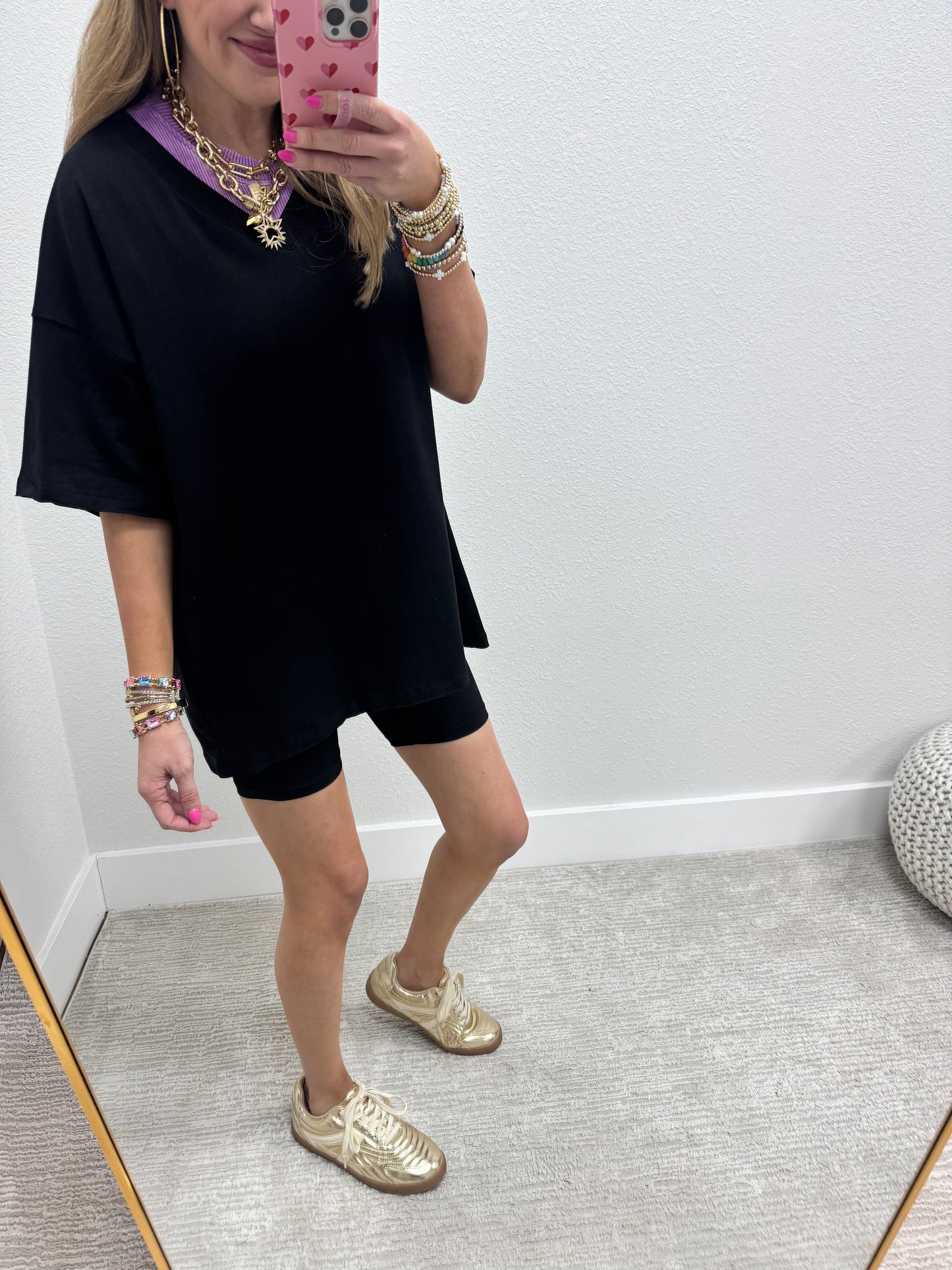 Black Cotton Vneck Biker Short Two Piece Set FS