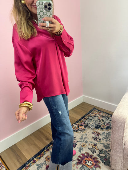 Raspberry Long Sleeve Silky Blouse
