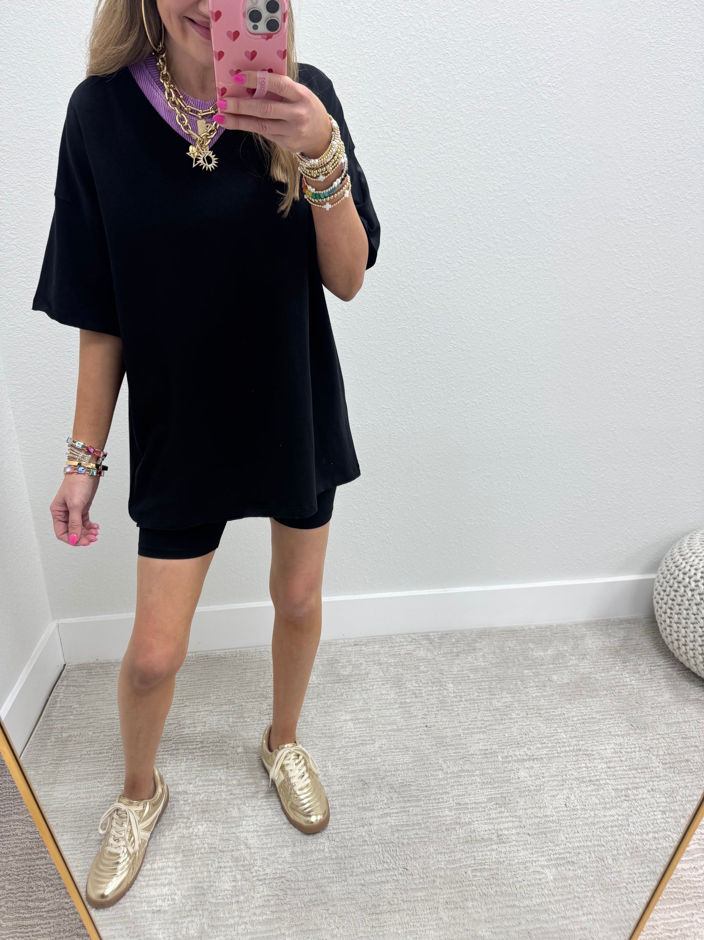 Black Cotton Vneck Biker Short Two Piece Set FS
