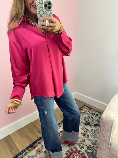 Raspberry Long Sleeve Silky Blouse