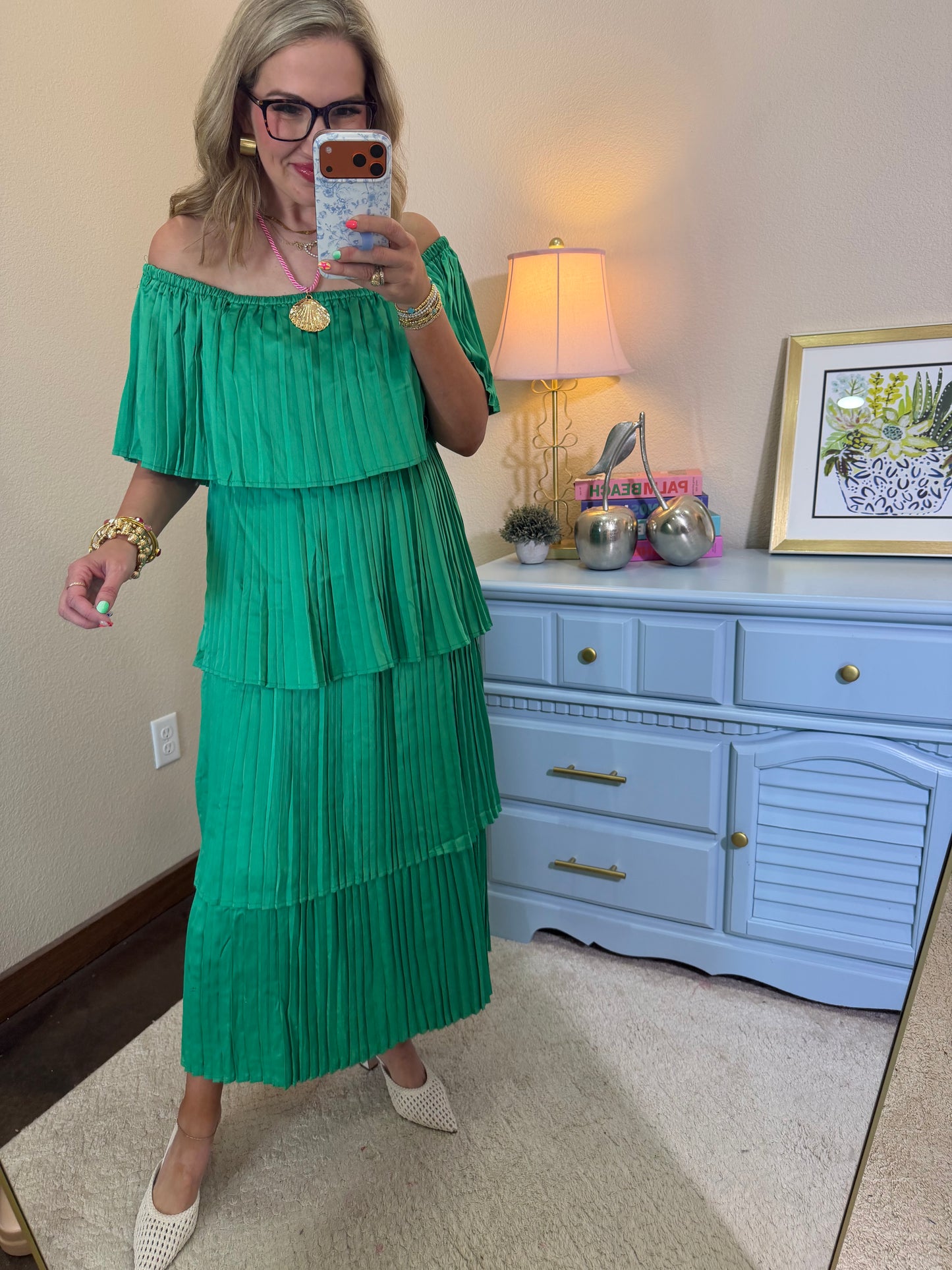 Kelly Green Pleated Layered Ruffle Dress