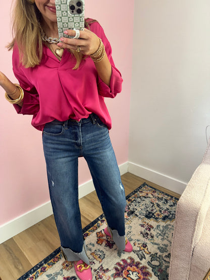 Raspberry Long Sleeve Silky Blouse