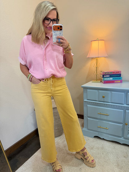 Pink Textured Jacquard Ruffle Neck Button Down Top