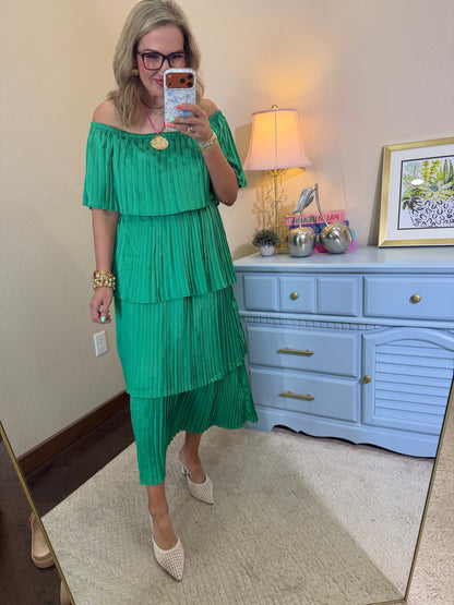 Kelly Green Pleated Layered Ruffle Dress
