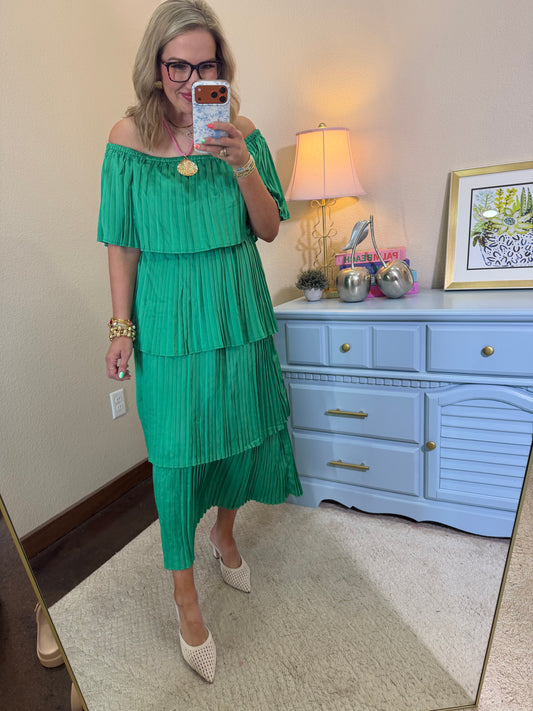 Kelly Green Pleated Layered Ruffle Dress