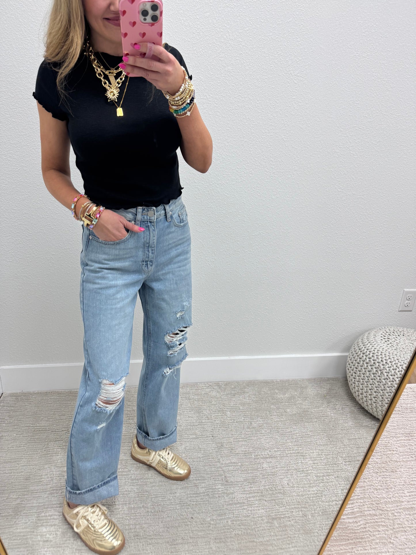 Black Cotton Lettuce Trim Crop Short Sleeve