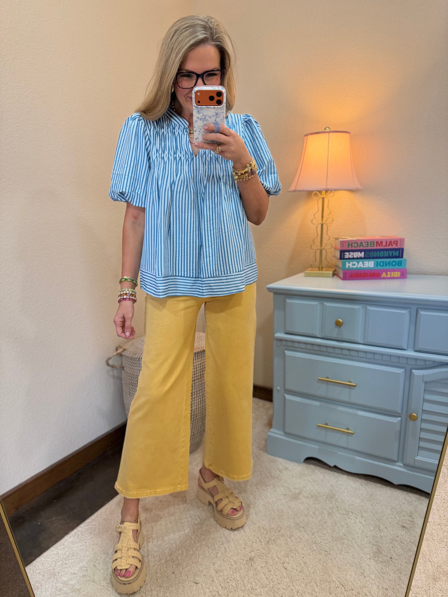 Blue Puff Sleeve Pintuck Detail with Neck Tie Woven Stripe Top