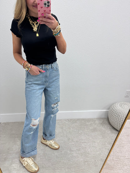 JBD Light Wash Dad Style Distressed Knee Jean