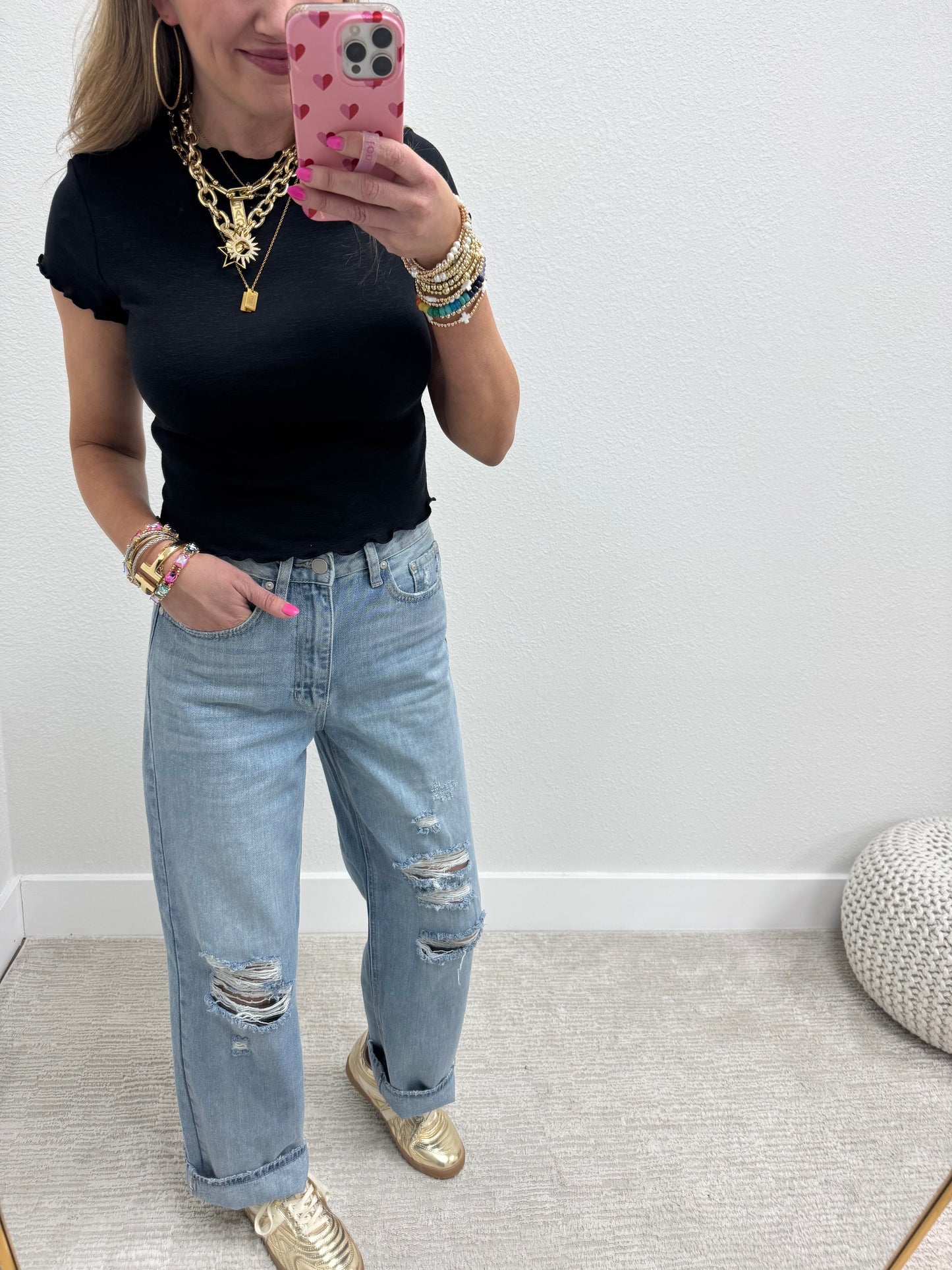 Black Cotton Lettuce Trim Crop Short Sleeve