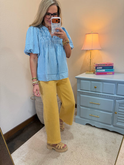 Blue Puff Sleeve Pintuck Detail with Neck Tie Woven Stripe Top