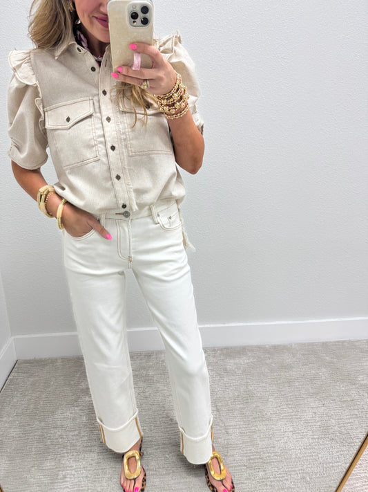 Cream Straight Leg Cuffed Denim
