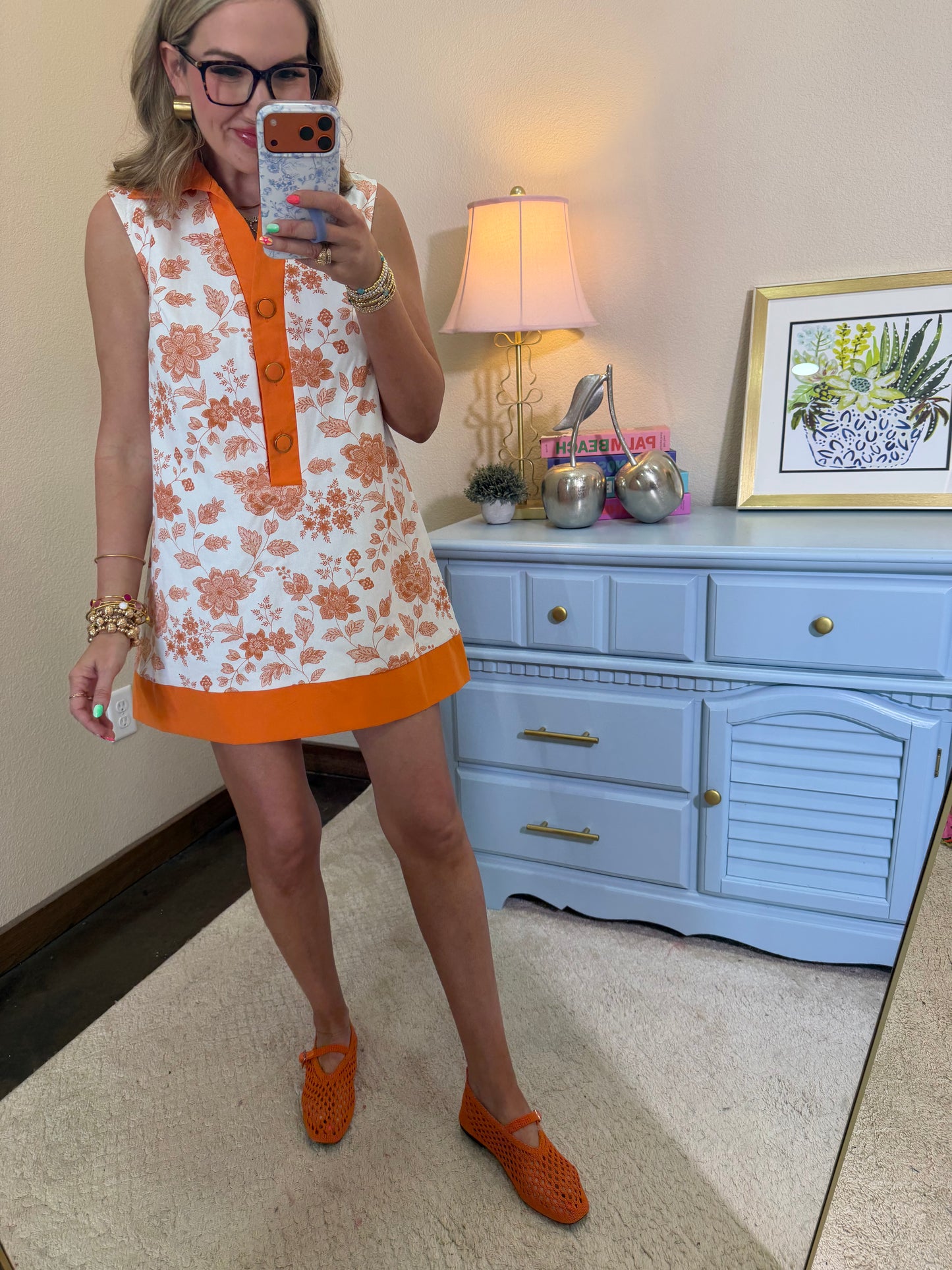 Orange Denim Floral Shift Dress