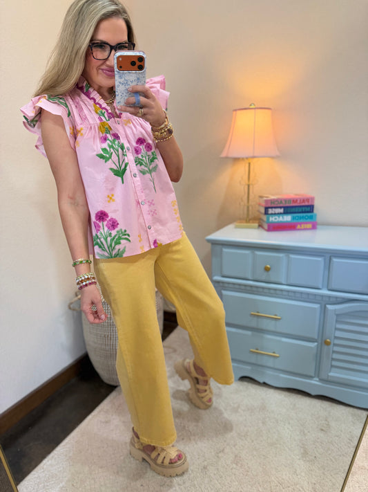 Light Pink Floral Ruffle Neck Top