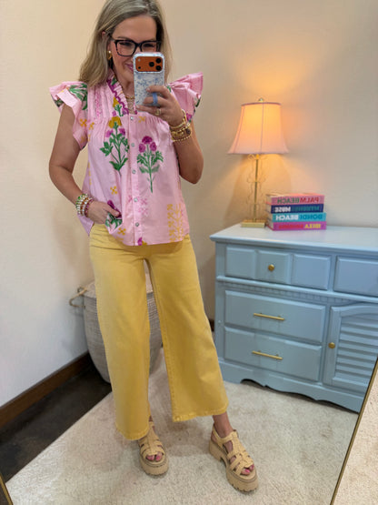 VERVET Marigold High Rise Drawstring Color Crop Wide Leg Jeans