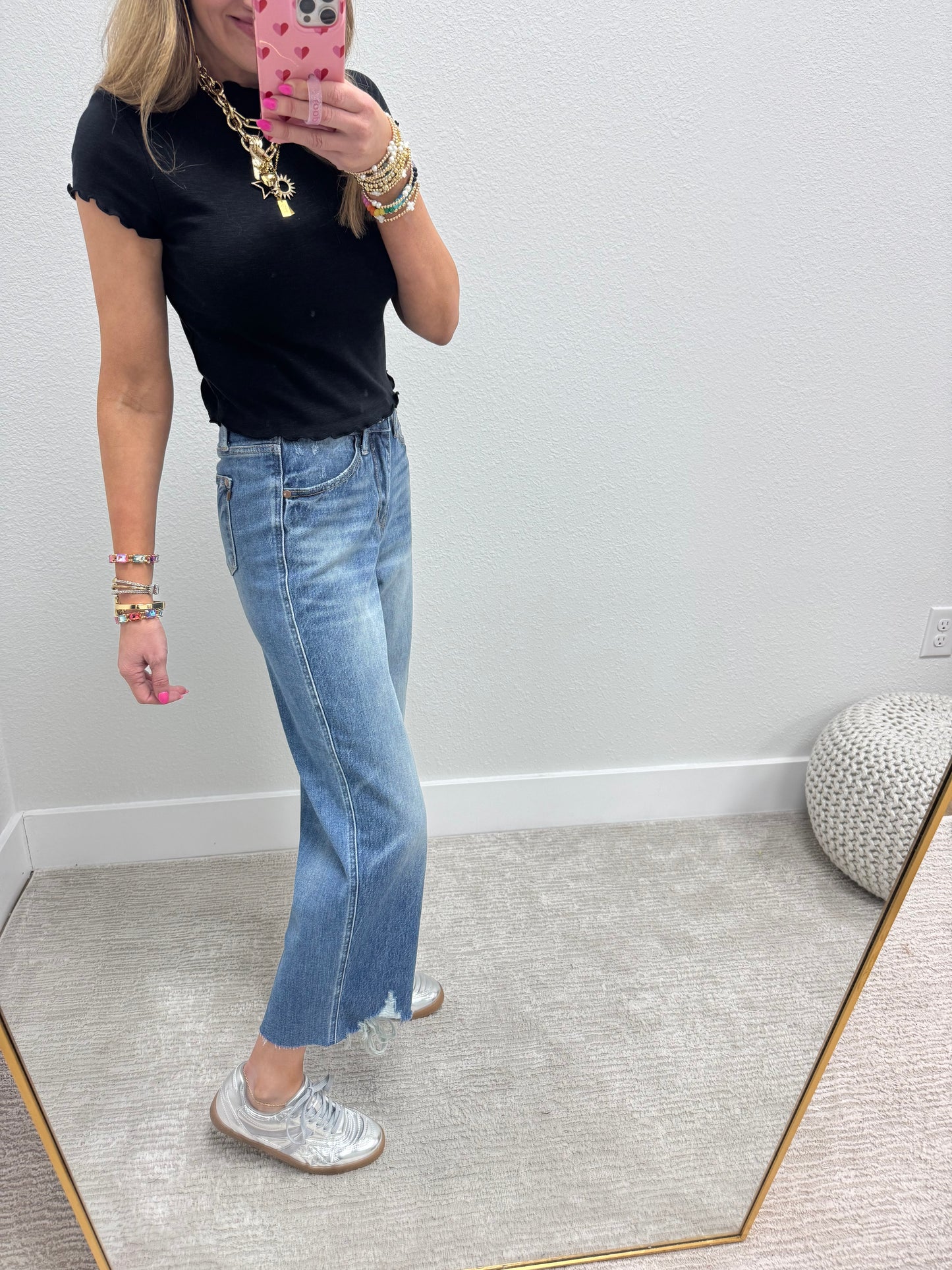 Black Cotton Lettuce Trim Crop Short Sleeve