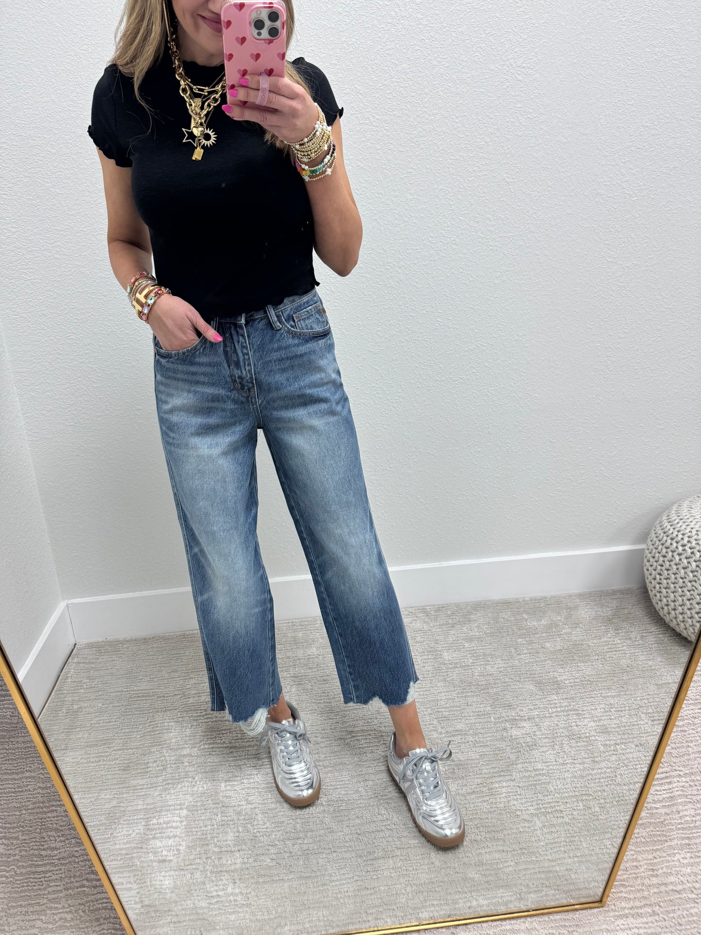 Black Cotton Lettuce Trim Crop Short Sleeve