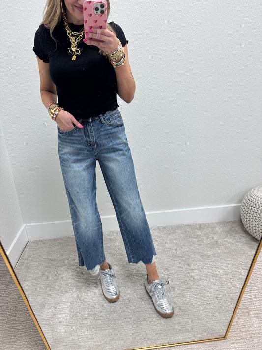 Black Cotton Lettuce Trim Crop Short Sleeve