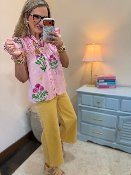 Light Pink Floral Ruffle Neck Top