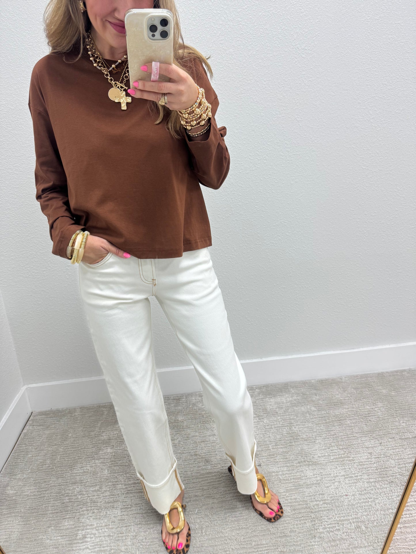 Cream Straight Leg Cuffed Denim