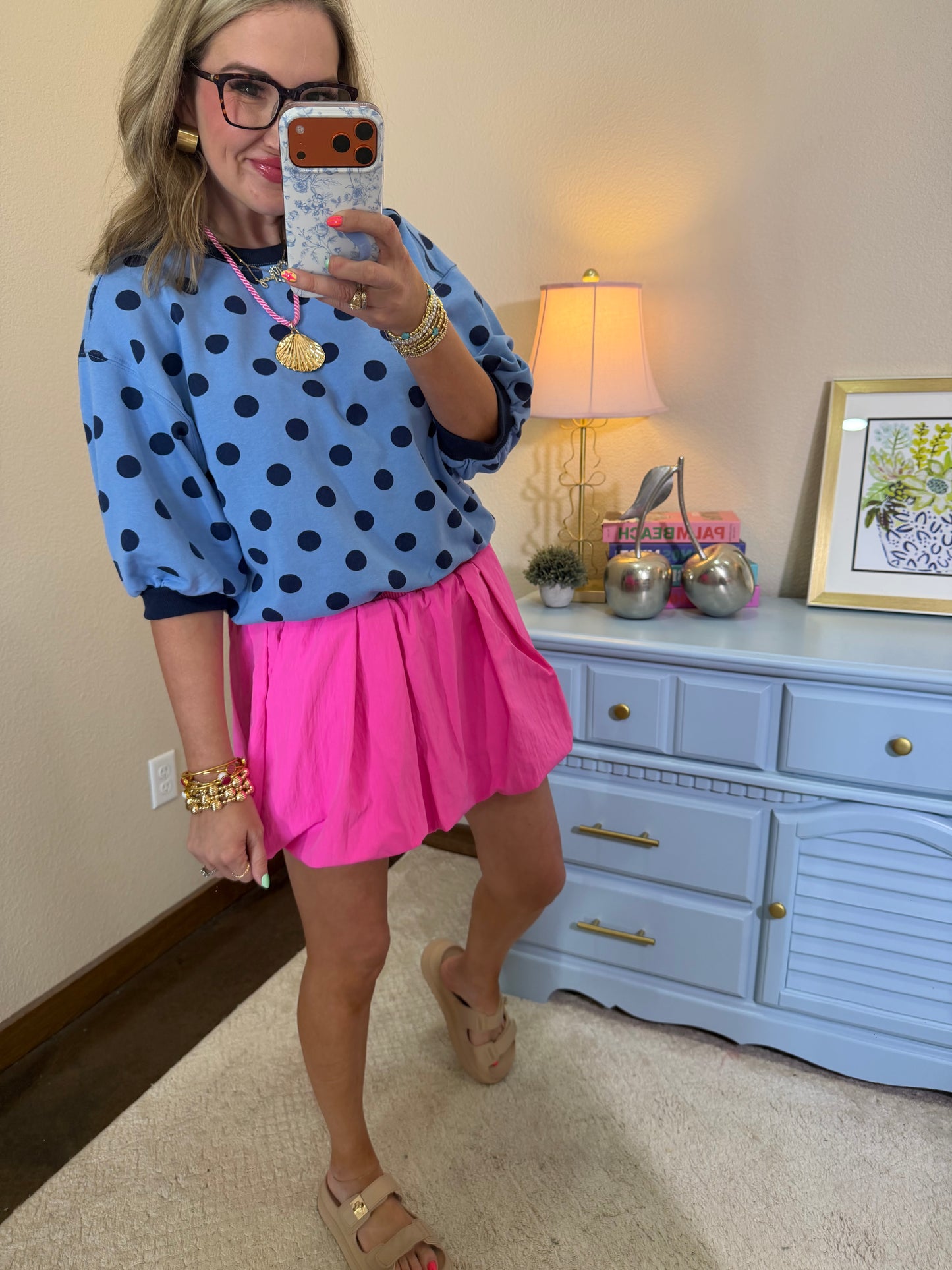 Blue Round Neck Bubble Sleeve Polka Dot Sweatshirt