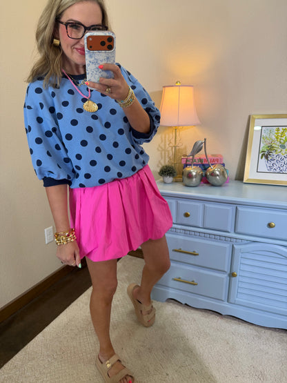 Blue Round Neck Bubble Sleeve Polka Dot Sweatshirt