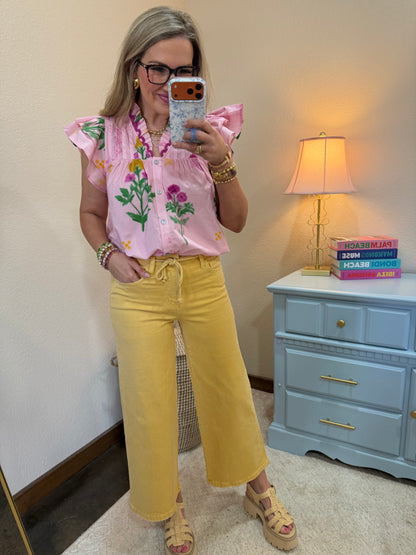 VERVET Marigold High Rise Drawstring Color Crop Wide Leg Jeans