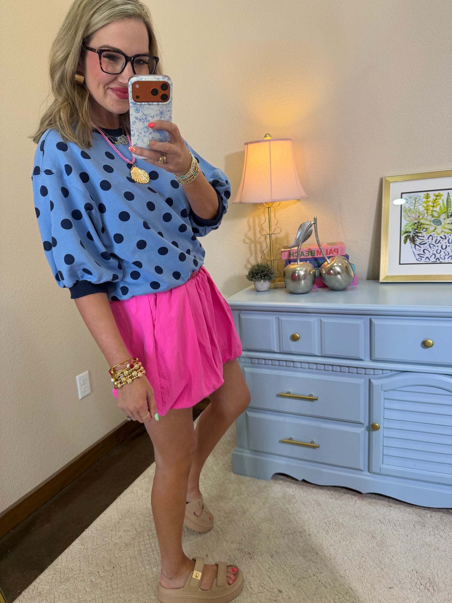 Blue Round Neck Bubble Sleeve Polka Dot Sweatshirt